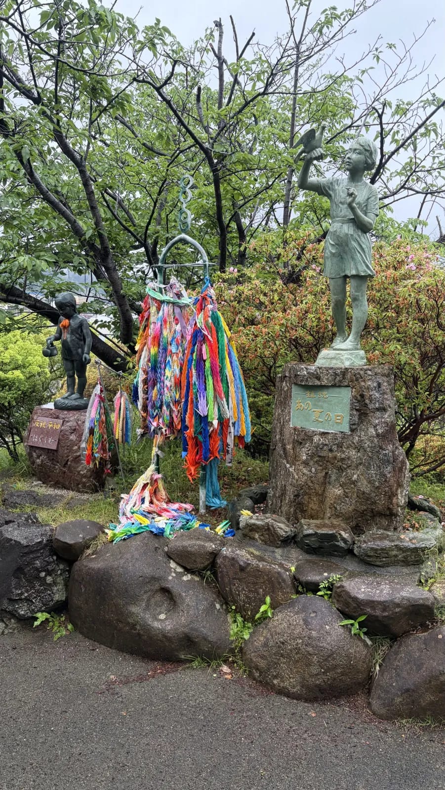 Peace monuments with paper cranes